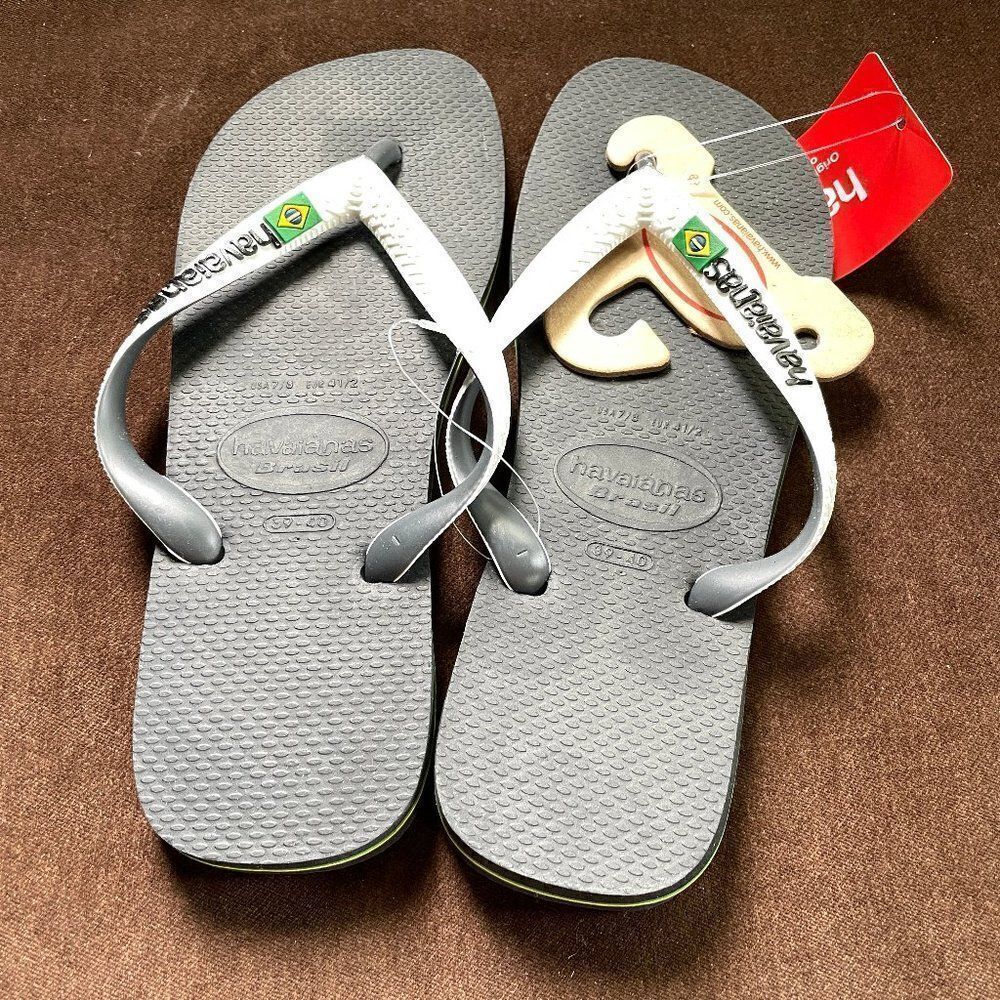 New Womens Brazil Flag Havaianas Flip Flops Grey with Green/Yellow Midsole